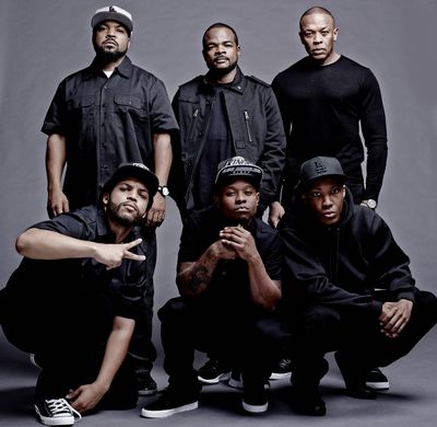 Clockwise from top left, Ice Cube, director/producer F. Gary Gray, producer Dr. Dre, Corey Hawkins, Jason Mitchell and O’Shea Jackson Jr. on the set of “Straight Outta Compton.”