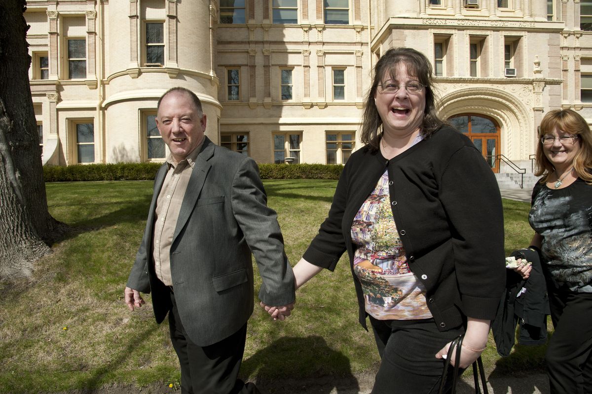 Gail Gerlach and his wife, Sharon, leave the Spokane County Courthouse on Thursday after a jury acquitted him of manslaughter in the March 2013 shooting death of Brendon Kaluza-Graham. (Dan Pelle)