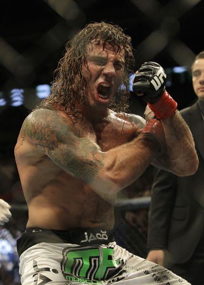 Clay Guida gets pumped up after submitting Rafael Dos Anjos in the third round Saturday. (Associated Press)