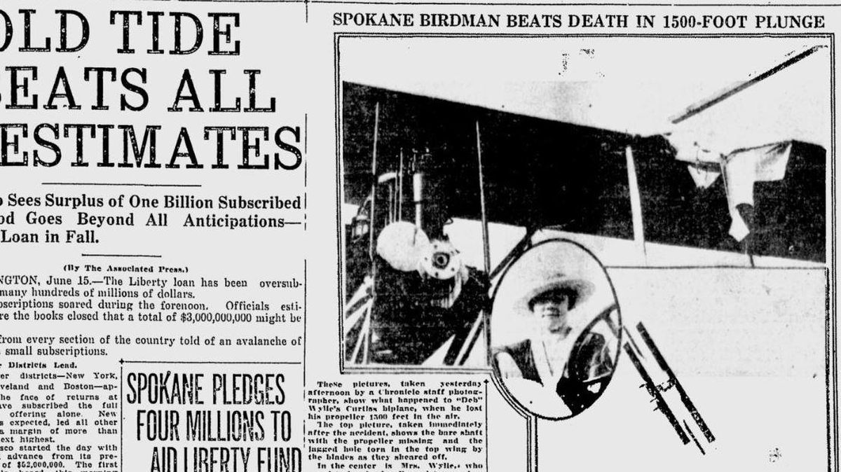“Deb” Wiley’ biplane lost its propeller, but he successfully landed it at Upriver Golf Course, the Spokane Daily Chronicle reported on June 15, 1917. (Spokesman-Review archives)