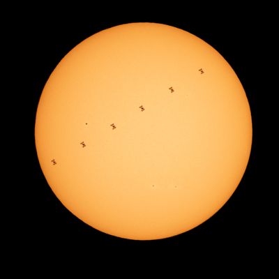 NOTTINGHAM, MD - APRIL 23: In this NASA handout, This composite image made from six frames shows the International Space Station, with a crew of seven aboard, is seen in silhouette as it transits the sun at roughly five miles per second, Friday, April 23, 2021, as seen from Nottingham, Maryland. Aboard are: NASA astronauts Shannon Walker, Mike Hopkins, Victor Glover, Mark Vande Hei; Roscosmos cosmonauts Oleg Novitskiy, Pyotr Dubrov; and Japan Aerospace Exploration Agency (JAXA) astronaut Soichi Noguchi. Joining the crew aboard station tomorrow will be Crew-2 mission crew members: NASA astronauts Shane Kimbrough and Megan McArthur, JAXA astronaut Akihiko Hoshide, and ESA (European Space Agency) astronaut Thomas Pesquet. Photo Credit: (Photo by Bill Ingalls/NASA via Getty Images) (NASA)