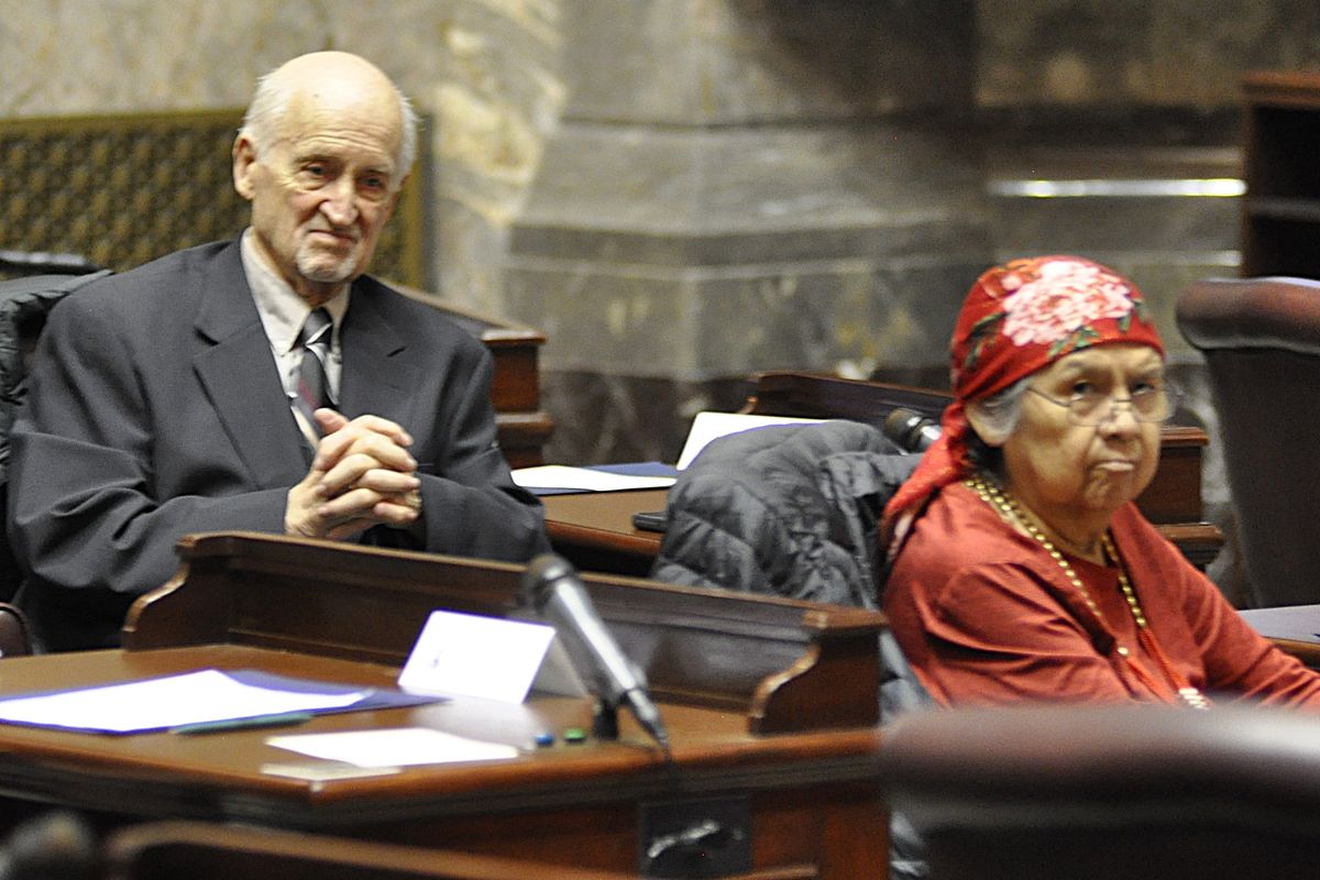 Electors Larry Ludgwig, of Stevens County, and Patricia Whitefoot, a member of the Yakama Tribe, listen to comments from other members of the Washington Electoral College on Tuesday in Olympia.  (Jim Camden/For The Spokesman-Review)