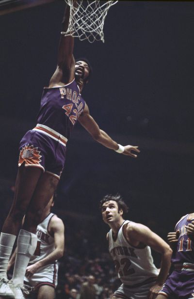 In this Feb. 16, 1971 photo, Connie Hawkins of the Phoenix Suns goes to the basket against the New York Knicks at Madison Square Garden in New York. (Robert Kradin / Associated Press)