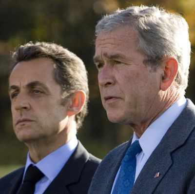 French President Nicolas Sarkozy and President Bush address the media Saturday at Camp David.  (Associated Press / The Spokesman-Review)