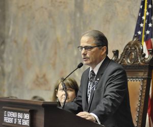 OLYMPIA -- Lt. Gov. Brad Owen gives his farewell address to the state Senate on March 8, 2016.  (Jim Camden/The Spokesman-Review)
