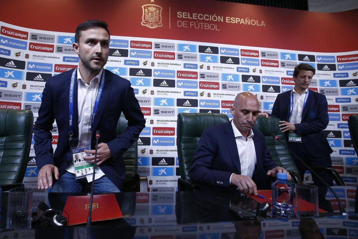 Spanish football president Luis Rubiales, center, attends a press conference at the 2018 soccer World Cup in Krasnodar, Russia, Wednesday. The Spanish soccer federation fired coach Julen Lopetegui two days before the country’s opening World Cup match against Portugal. Lopetegui was let go a day after Real Madrid announced him as its new coach following the World Cup. (Manu Fernandez / AP)