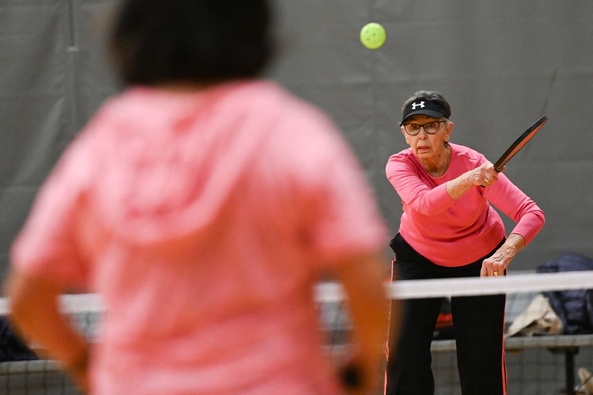 Joyce McSherry, 85, plays pickleball on Wednesday at the Hub in Spokane Valley.  (Tyler Tjomsland/The Spokesman-Review)