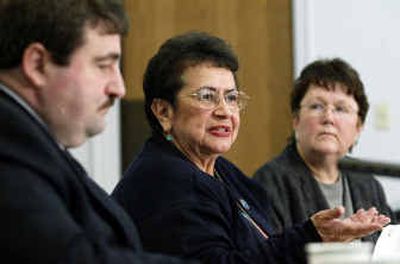 
Senate Budget Chairwoman Margarita Prentice, D-Renton, center, sits with Operating Budget Vice Chairman Mark Doumit, D-Cathlamet, left, and Capital Budget Vice Chairwoman Karen Fraser, D-Thurston County on Monday at the Capitol in Olympia. 
 (Associated Press / The Spokesman-Review)