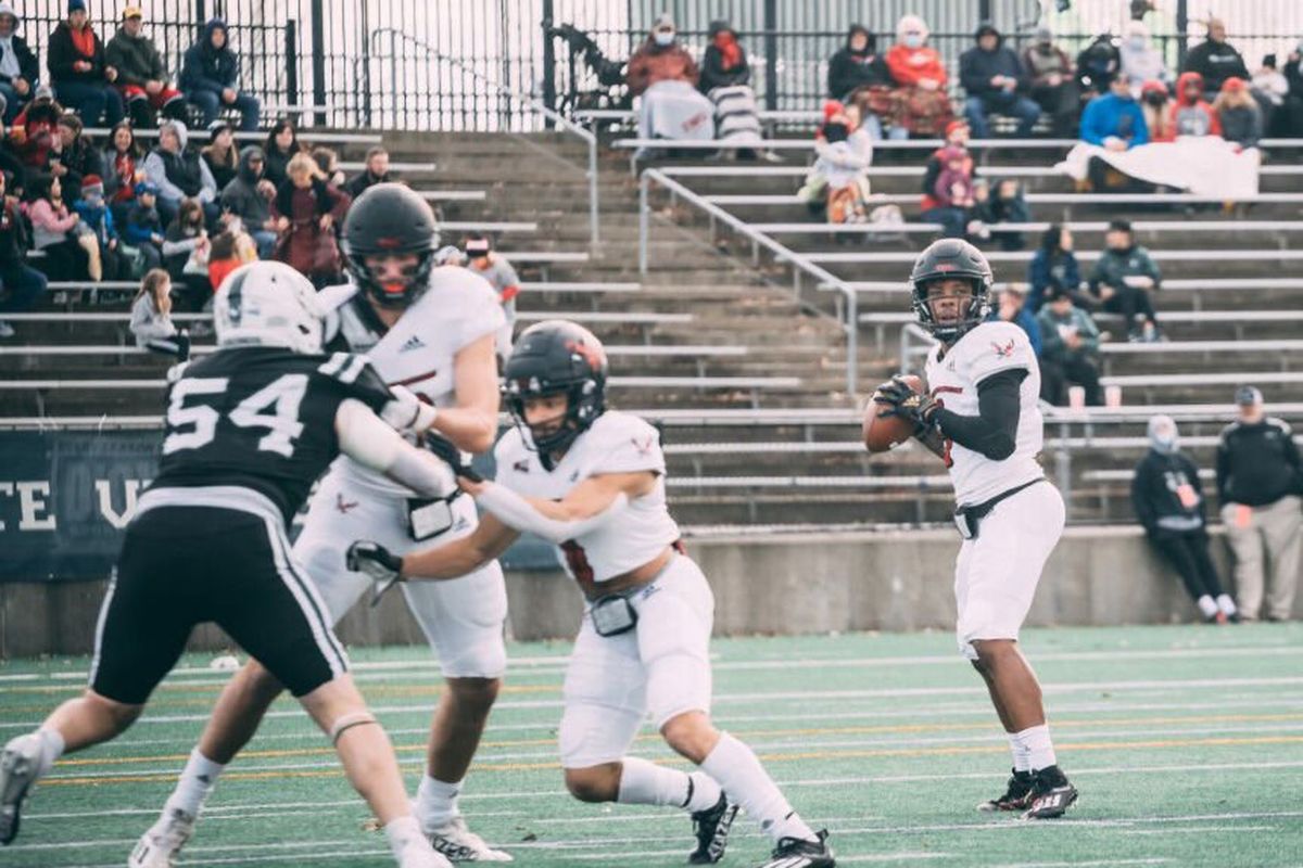 Eastern Washington quarterback Eric Barriere surveys the field during a Big Sky Conference game against Portland State Saturday in Hillsboro, Oregon.  (Trevor Bowens/EWU Athletics)