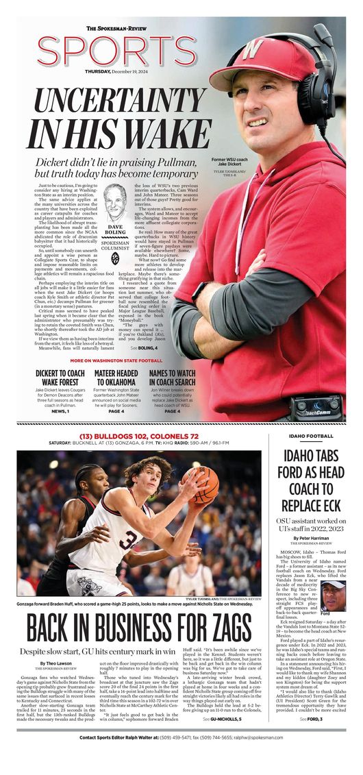 Sports Front Page for Dec. 19, 2024 The SpokesmanReview