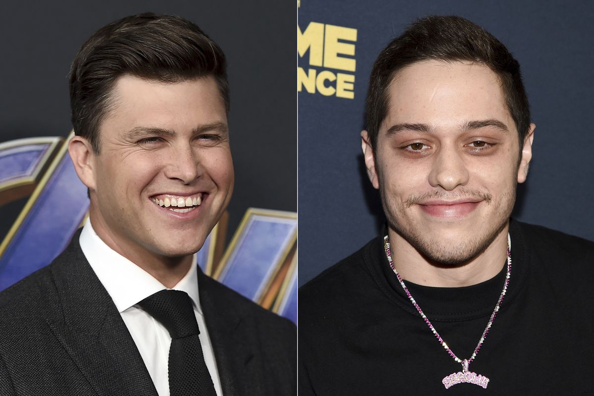 This combination of photos shows "Saturday Night Live" cast members Colin Jost at the premiere of "Avengers: Endgame" in Los Angeles on April 22, 2019, left, and Pete Davidson at the premiere of "Big Time Adolescence" in New York on March 5, 2020. The pair have purchased a decommissioned Staten Island Ferry boat with plans to turn it into New York’s hottest club.  (STF)