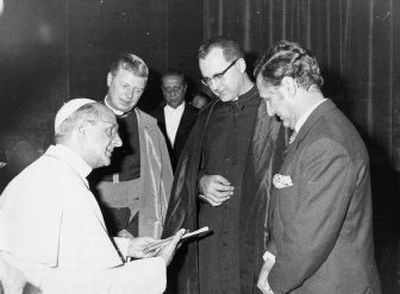 
Monsignor Donnelly is second from right. At far right in the photo is K.S. Giniger, the publisher of Monsignor Donnelly's book, Prayers and Devotions of Pope John XXIII. They have presented a copy of the book to Pope Paul VI. The other individuals in the photo are unidentified.
 (Photo courtesy of Inland Register / The Spokesman-Review)