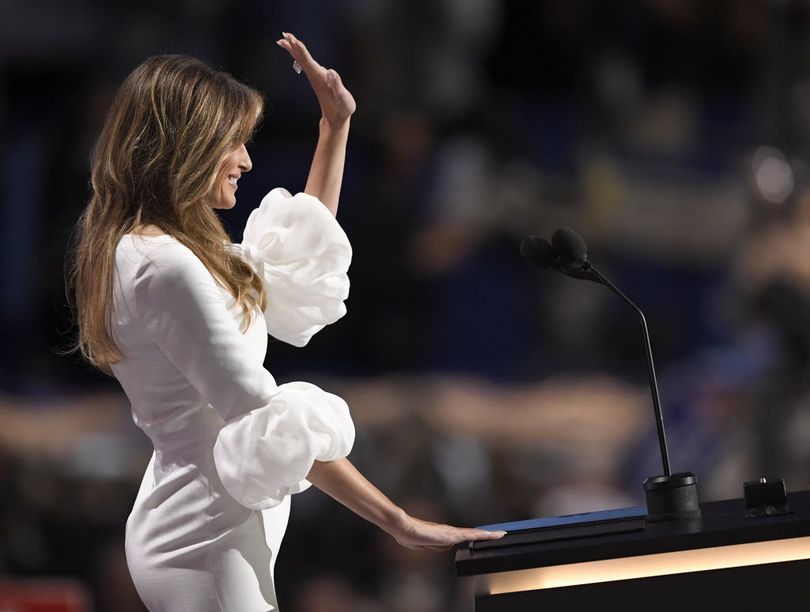 Melania Trump waves after speaking during the opening day of the Republican National Convention in Cleveland, Monday, July 18, 2016. (AP Photo/Mark J. Terrill)