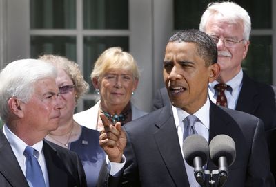 President Barack Obama speaks Wednesday at the White House about health care reform. He’s flanked by Sen. Christopher Dodd, D-Conn., left, Rep. Carolyn McCarthy, D-N.Y., center, and Rep. George Miller, D. Calif.  (Associated Press / The Spokesman-Review)