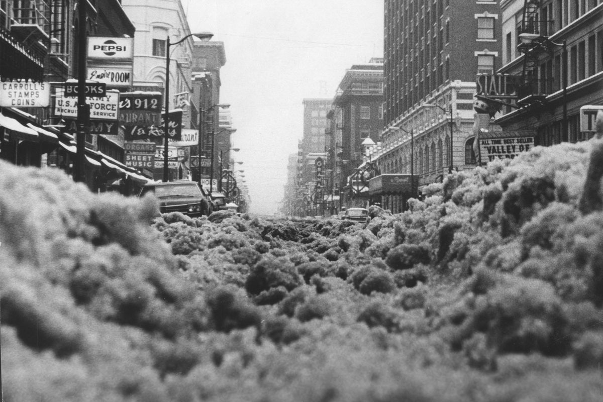 January 1969: Spokane was well on its way to a record snowfall. On Feb. 1, The Spokane Daily Chronicle reported that Spokane led the United States in depth of snow with 42 inches. This picture was taken on Sprague Avenue facing east. (PHOTO ARCHIVE / The Spokesman-Review)