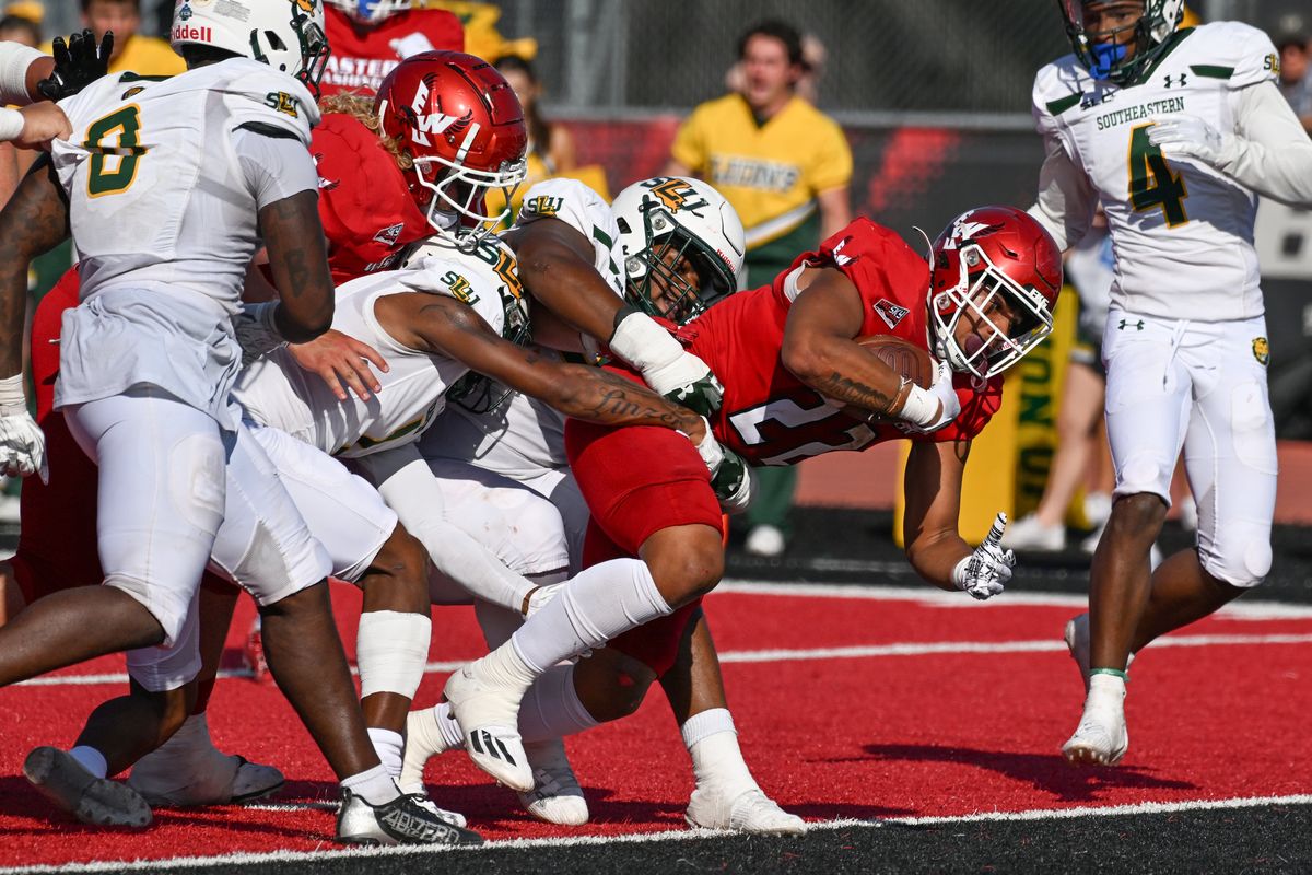 Eastern Washington running back Justice Jackson muscles the ball across the goal line in the fourth quarter against Southeastern Louisiana on Saturday at Roos Field in Cheney.  (Jesse Tinsley/THE SPOKESMAN-REVIEW)