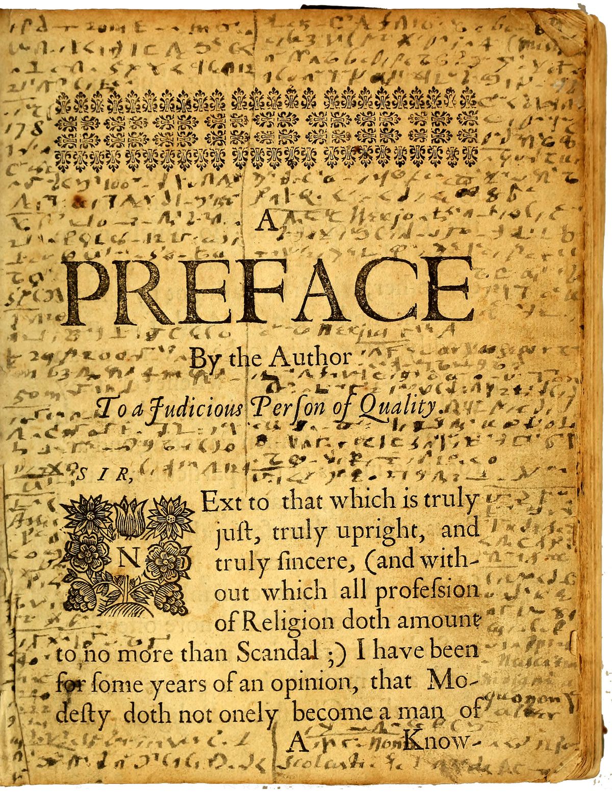 This image provided by Brown University shows the preface page of the "Mystery Book" from the John Carter Brown Library in Providence, R.I. Lucas Mason-Brown, a senior mathematics major at Brown University, helped crack a mysterious shorthand code developed and used by religious dissident Roger Williams in the 17th century. The handwritten code surrounds the printed text on the preface page. (Brown University)