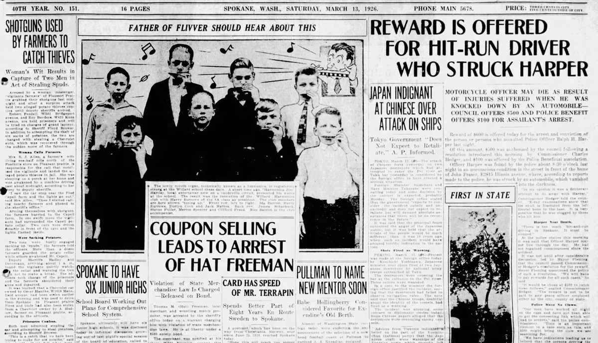 A squad of “vigilante farmers” resulted in the capture of two potato thieves on Pleasant Prairie, the Spokane Daily Chronicle reported on March 13, 1926. The newspaper also reported that Spokane Public Schools were planning to open six junior high schools using the recently passed $690,000 bond.  (Spokesman-Review archives)
