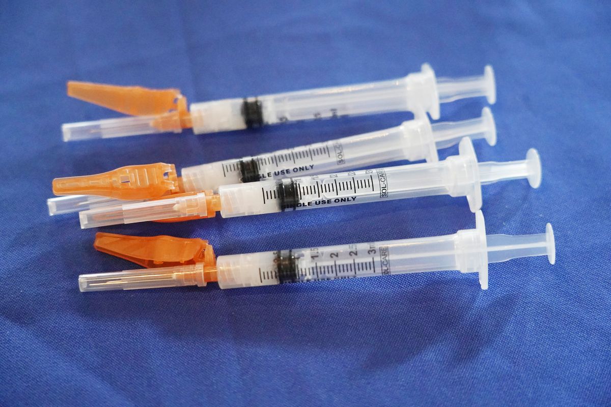 Syringes loaded with the Pfizer COVID-19 vaccine lie ready for use by a nurse, in Jackson, Miss., on Sept. 21, 2021. The Food and Drug Administration has paved the way for children ages 5 to 11 to get Pfizer’s COVID-19 vaccine. The agency authorized the kid-size doses on Friday, Oct. 29.  (Rogelio V. Solis)
