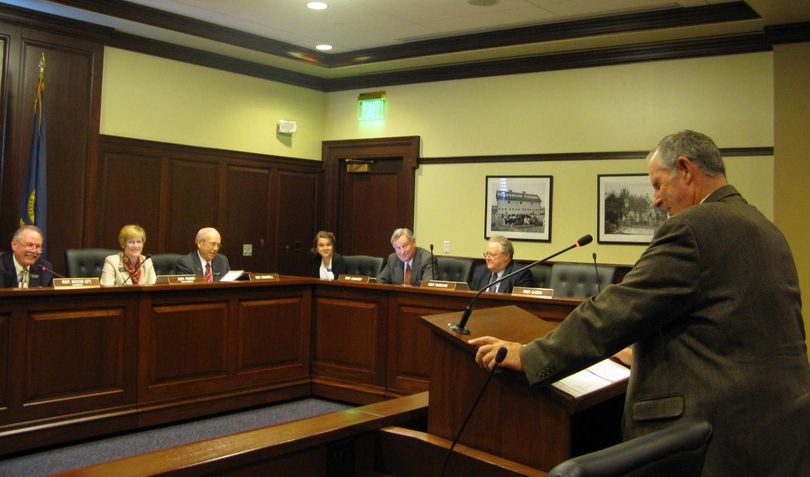 Rep. Tom Loertscher, R-Iona, asks the House Health & Welfare Committee on Thursday to introduce measures expanding Medicaid in Idaho and eliminating the current catastrophic health care fund; the committee agreed unanimously. (Betsy Russell)