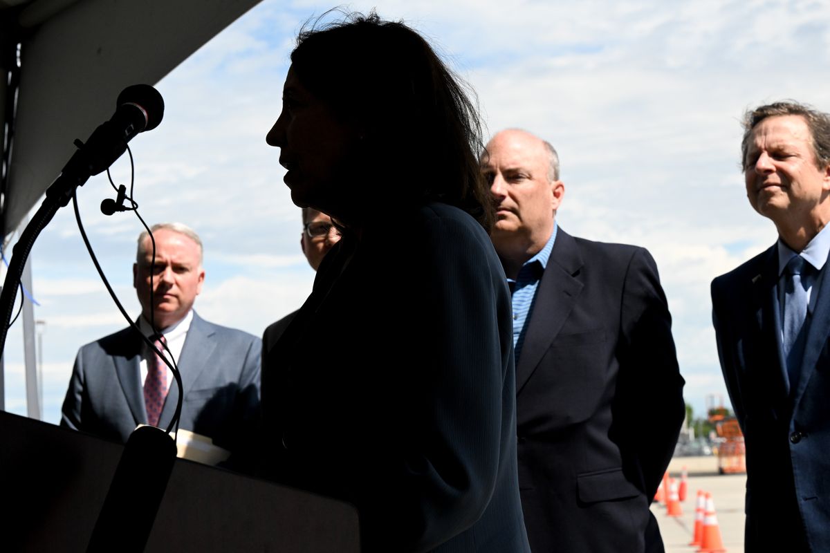 Sen. Maria Cantwell speaks during a press conference for federal grant funding of Spokane International Airport’s terminal expansion projecton on July 6, 2022, at Spokane International Airport in Airway Heights, Wash.  (Tyler Tjomsland/The Spokesman-Review)