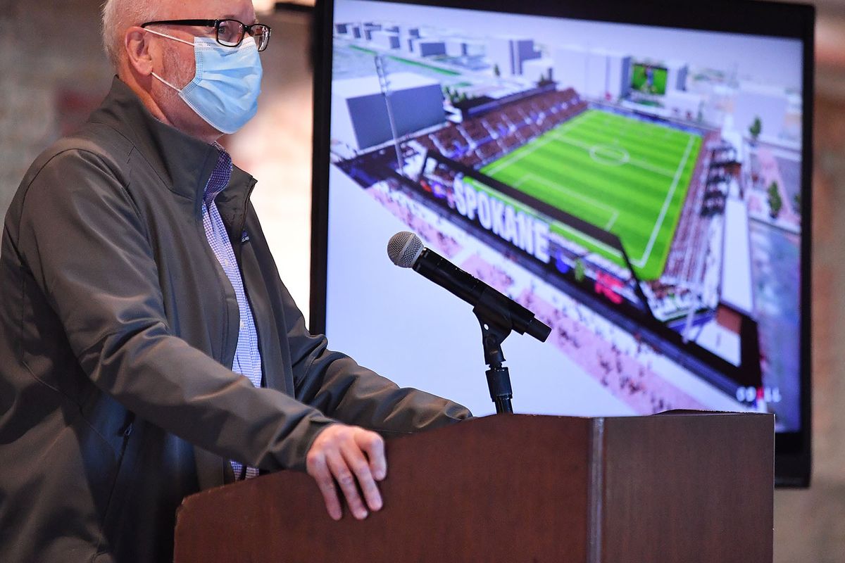 Eric Sawyer, President and CEO of the Spokane Sports Commission, speaks during a presentation by the Downtown Spokane Partnership for a new downtown stadium on March 2 in Spokane.  (Tyler Tjomsland/The Spokesman-Review)