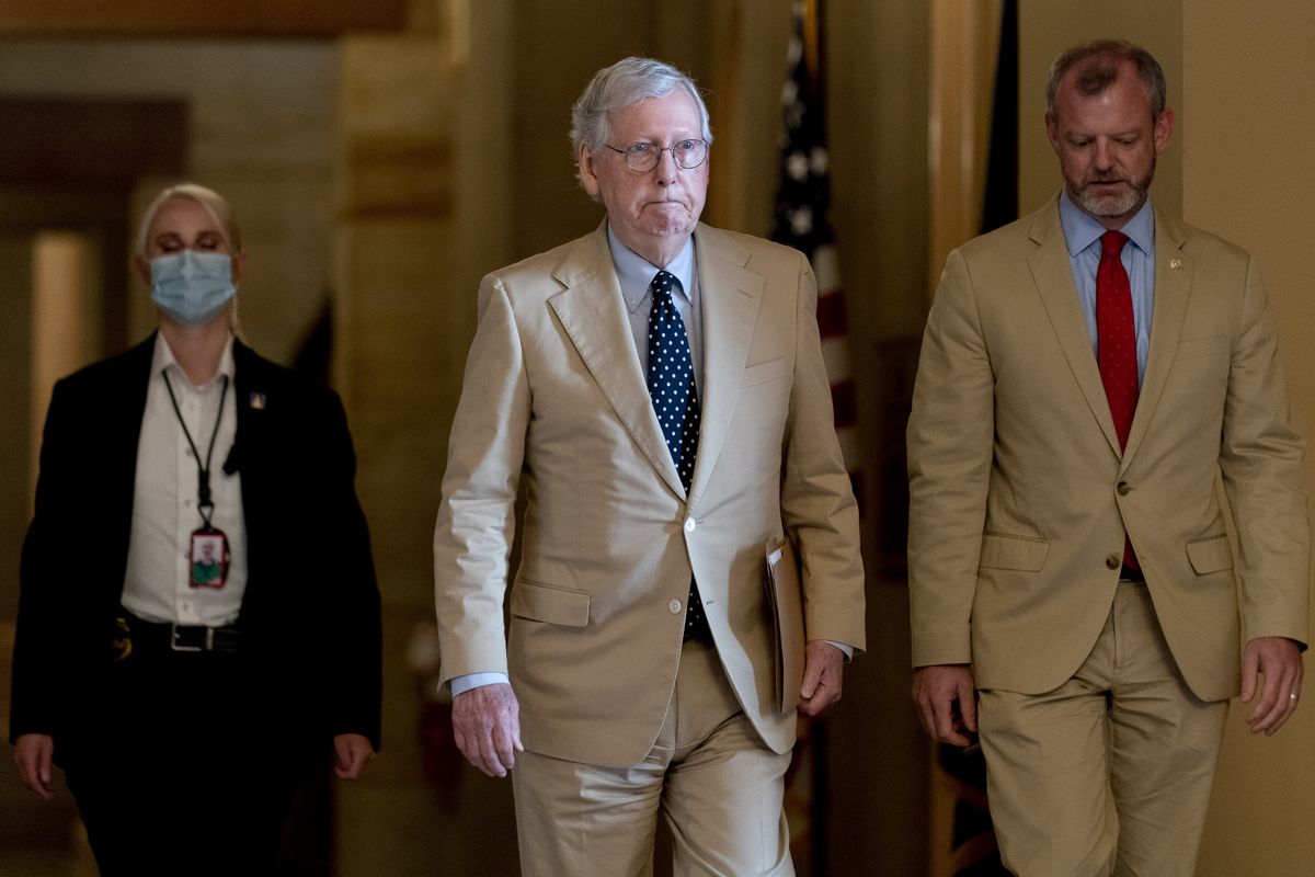 Senate Minority Leader Mitch McConnell of Ky. walks towards the Senate chamber as the $1 trillion bipartisan infrastructure bill gets closer to passage in Washington, Monday, Aug. 9, 2021.  (Andrew Harnik)