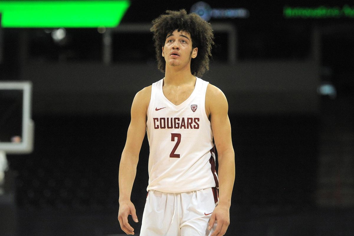 Washington State guard CJ Elleby looks at the scoreboard after the game against Santa Clara at the Spokane Arena on Saturday. (Kathy Plonka / The Spokesman-Review)