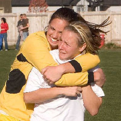 
Vikings goalkeeper Amanda Wemple, top celebrates with Liz Brown-Dymkoski. 
 (Matt Cilley Special to / The Spokesman-Review)