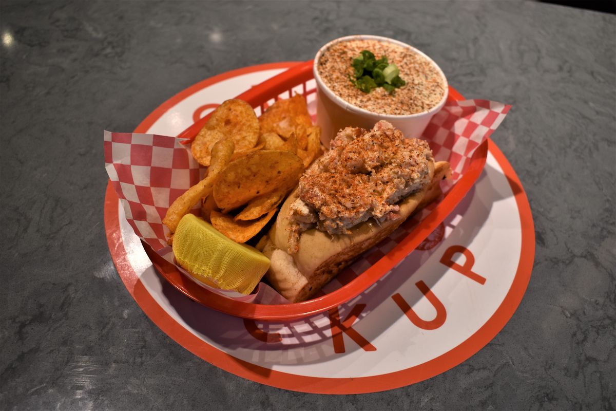 The Ultimate Roll, with chips and clam chowder, at High Tide Lobster Bar in the Wonder Building.  (Don Chareunsy/The Spokesman-Review)