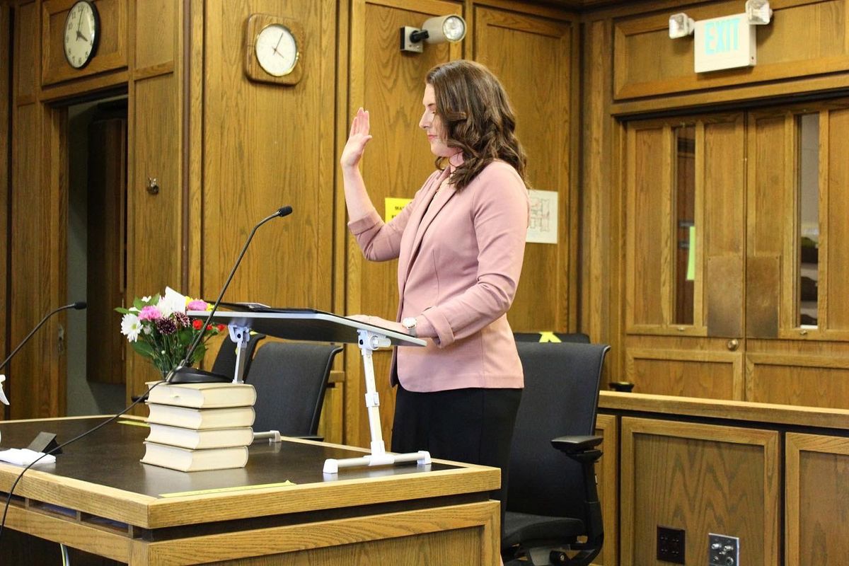 Allison Drescher, who recently graduated from Gonzaga University’s School of Law, recites the Oath of Attorney in Spokane County Superior Court on Monday, July 13, 2020. Drescher, 25, will become a practicing attorney before taking the bar examination, as the Washington Supreme Court recently suspended the test requirement due to COVID-19. Though not required, she plans to take the bar exam in Idaho in February.  (Courtesy of Allison Drescher)