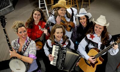 “Cowgirls,” which previews tonight at Interplayers, features from left, front row: Liberty Harris, Janet Robel and Jennifer Jacobs. From left, back row includes Janean Jorgensen, Allison Morgan and Micah Hanson.  (Kathy Plonka / The Spokesman-Review)