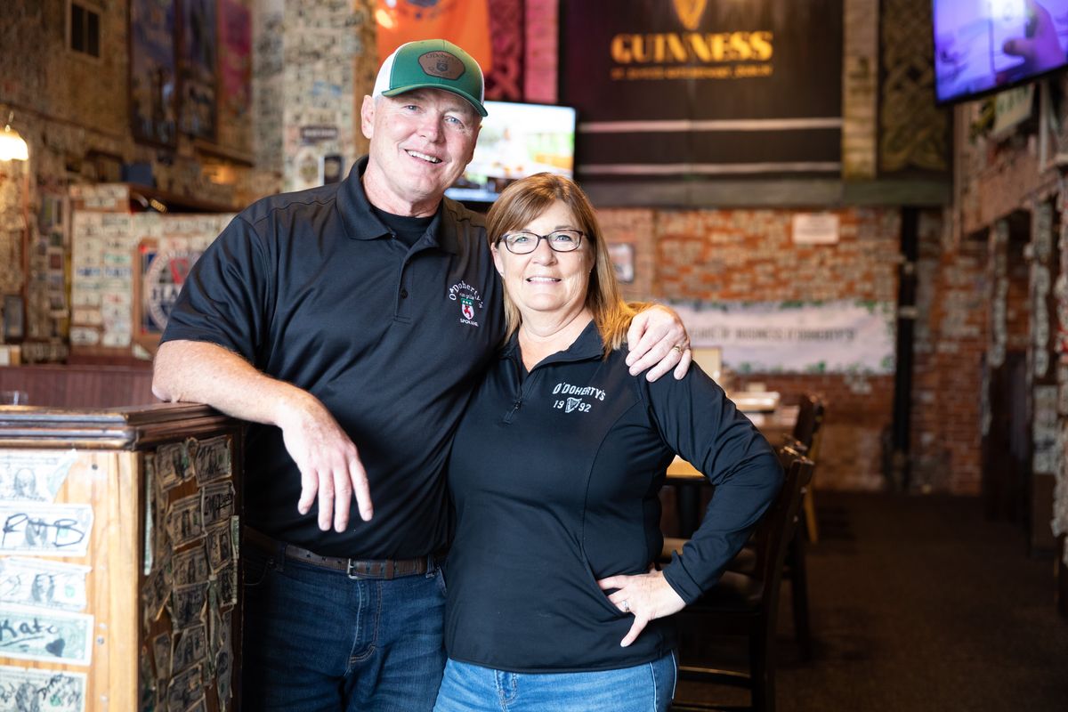 O’Doherty’s Irish Grille owners Tim O’Doherty and Sam O’Doherty stand in their restaurant on Friday in downtown Spokane.  (Courtesy of Ari Nordhagen)