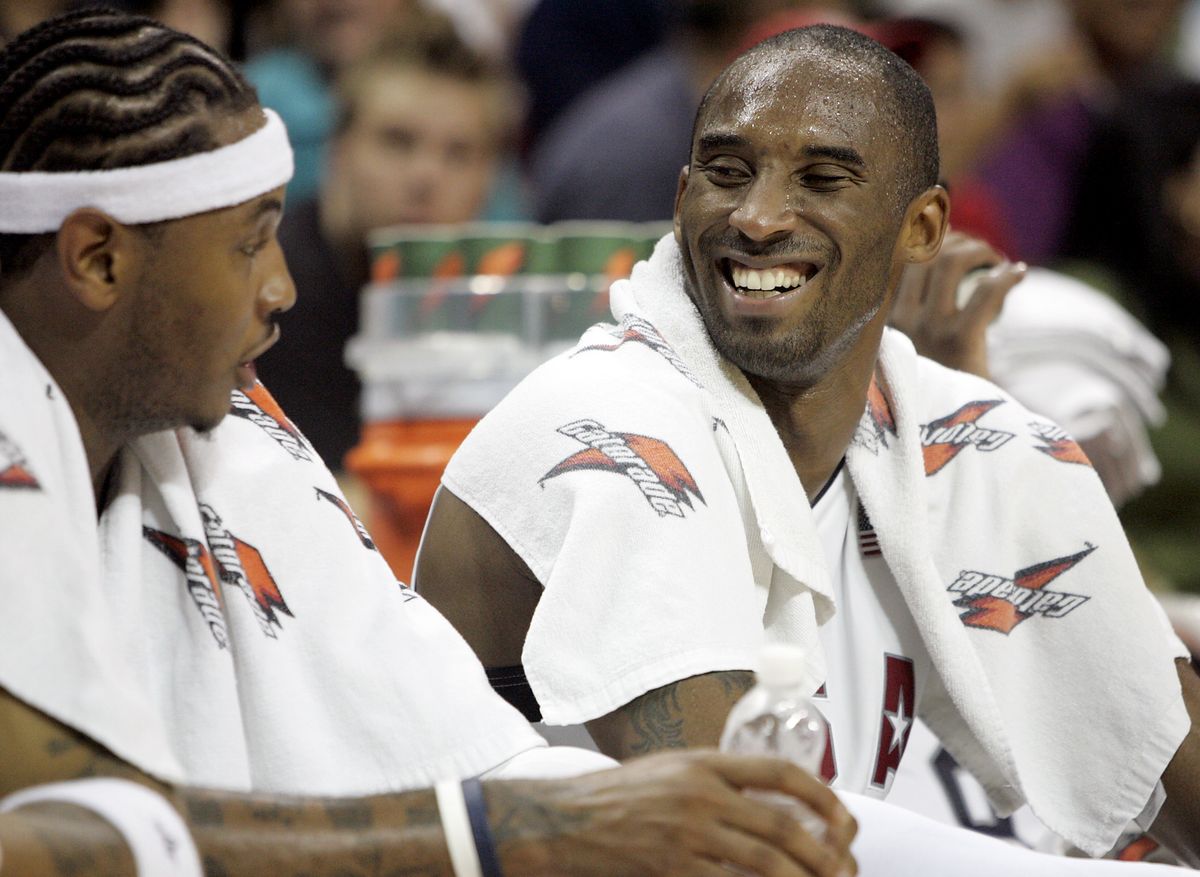 Associated Press Kobe Bryant, right, and Carmelo Anthony enjoy a break in the action during Friday’s exhibition against Canada. (Associated Press / The Spokesman-Review)