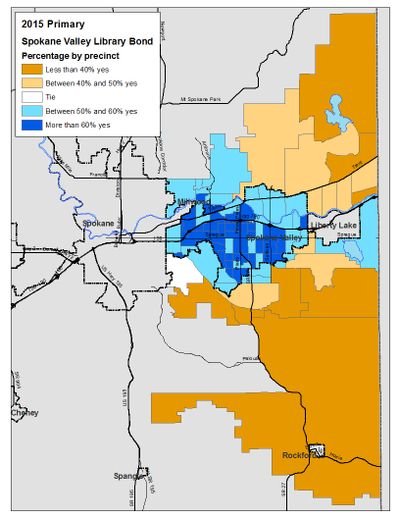 This is the precinct breakdown of votes in the Spokane Valley library service area bond issue as of Wednesday evening, 8/5/2015. (Jim Camden/Spokesman-Review)