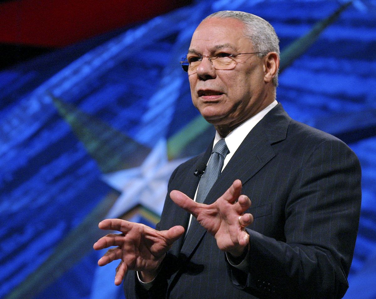 FILE - In this May 5, 2006 file photo, former Secretary of State Colin Powell gives the closing keynote at the World Congress of Information Technology in Austin, Texas. Powell, former Joint Chiefs chairman and secretary of state, has died from COVID-19 complications. In an announcement on social media Monday, the family said Powell had been fully vaccinated. He was 84.  (Jack Plunkett)