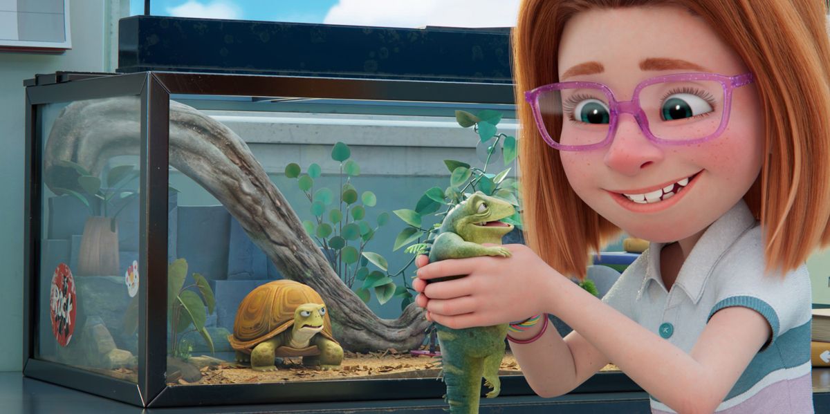 Leo, a 74-year-old lizard voiced by Adam Sandler, center, is held by Summer, voiced by Sunny Sandler, as Squirtle the turtle, voiced by Bill Burr, looks on at left, in a scene from "Leo."    (Handout/NETFLIX/TNS)