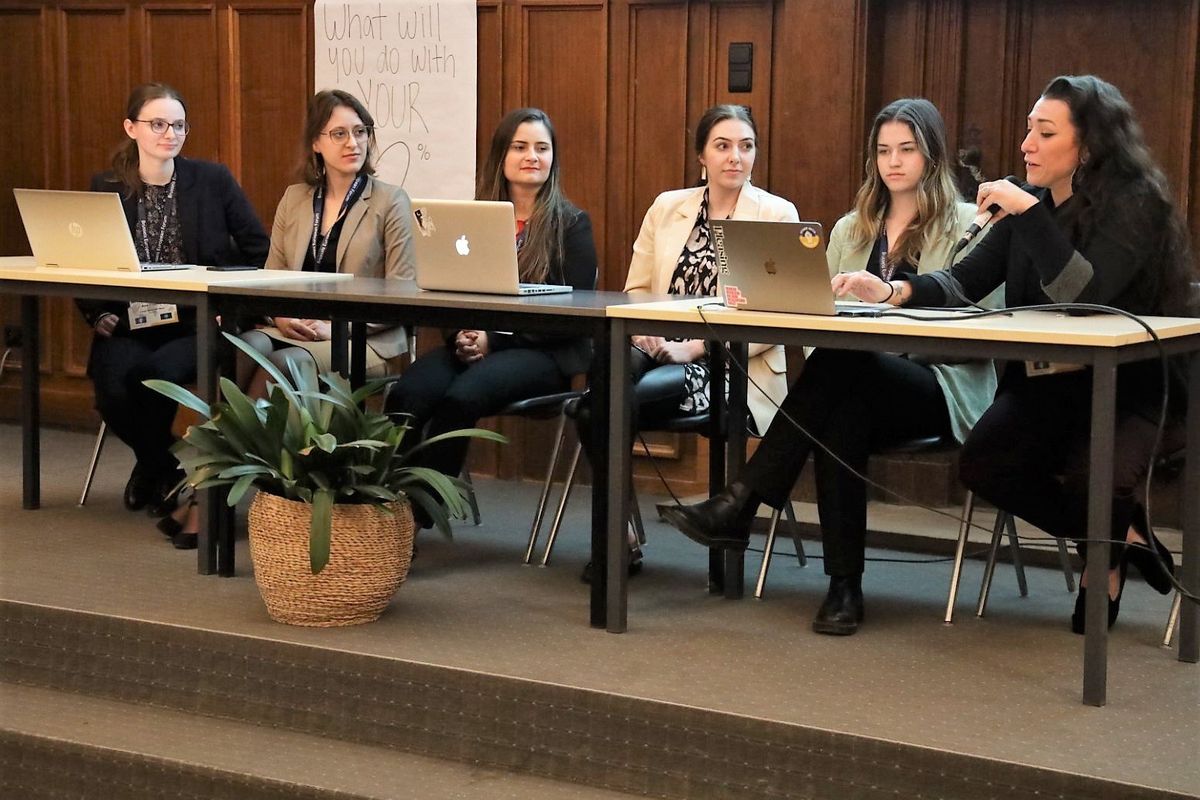 From left, Shannon Rosenbaum, Haylee Lynch, Cailey Kudrna and Haley Anderson participate in a simulated session of the Global Media Committee on Thursday during the Brussels European Forum.  (Courtesy of Gonzaga University)