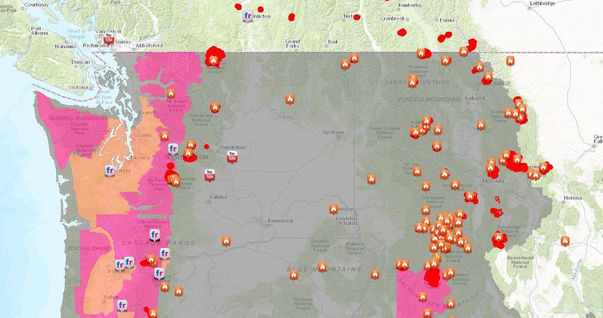 A map of U.S. wildfire locations compiled by the Esri Disaster Response Program. This section shows wildfires burning in Washington, Idaho, Oregon and Canada. (Courtesy photo / Esri Disaster Response Program)