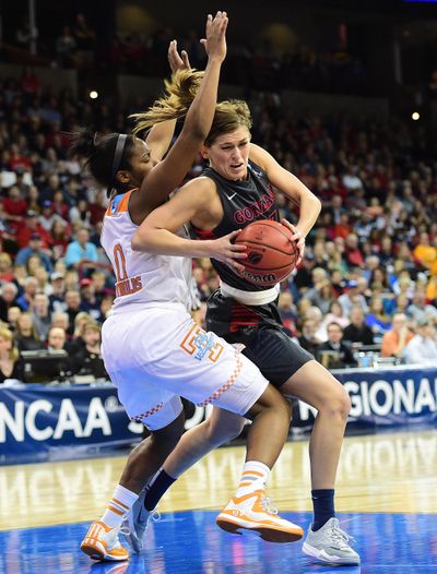 Gonzaga's Elle Tinkle, right, and teammate Shelby Cheslek have been selected to the 10-player preseason All-WCC team. (Tyler Tjomsland / The Spokesman-Review)