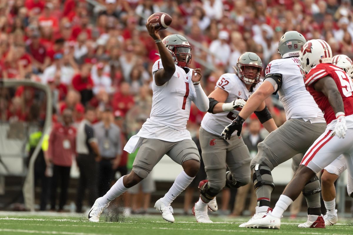 Washington State Cougars quarterback Cameron Ward (1) throws the ball during the third quarter at Camp Randall Stadium in Madison, WI on Saturday, September 9, 2022.  (KIRSTEN SCHMITT/FOR THE SPOKESMAN-REVIEW)