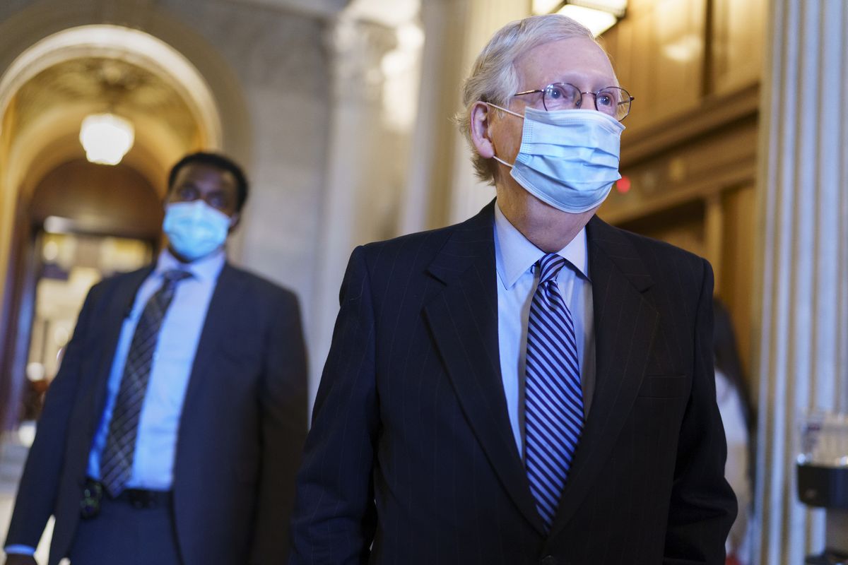 Senate Minority Leader Mitch McConnell, R-Ky., leaves the chamber after criticizing Democrats for wanting to change the filibuster rule, at the Capitol in Washington, Tuesday, March 16, 2021.  (J. Scott Applewhite)