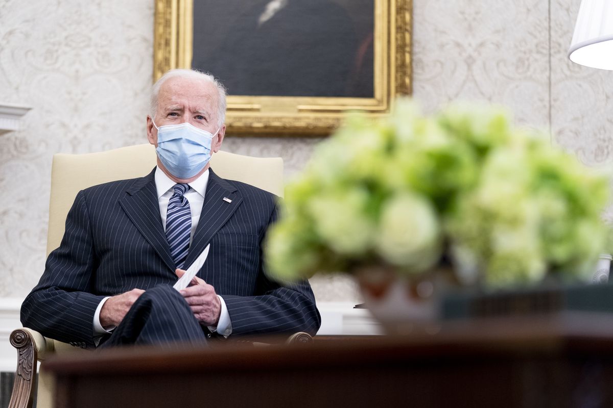 President Joe Biden meets with members of congress to discuss his jobs plan in the Oval Office of the White House in Washington, Monday, April 19, 2021.  (Andrew Harnik)