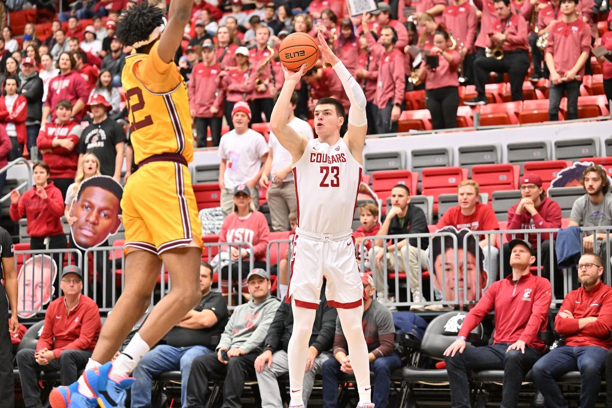 Washington State forward Andrej Jakimovski attempts a 3-pointer Jan. 28 during the Cougars’ win Saturday against Arizona State at Beasley Coliseum in Pullman.  (WSU Athletics)