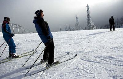 
Mt. Spokane Prime Timers, from left, Jack Worden, Jim Reed and Guy Dumais coast to the start of a ski run at Mt. Spokane Ski and Snowboard Park on Wednesday.
 (Photos by Holly Pickett/ / The Spokesman-Review)