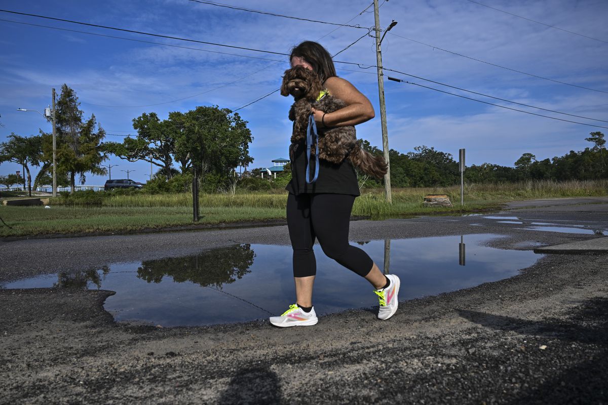 A woman and her dog walk past a partially flooded street on Sept. 26, 2023, in Ocean Springs, Miss. MUST CREDIT: Ricky Carioti/The Washington Post  (Ricky Carioti/The Washington Post)