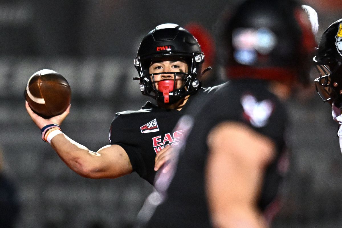 Eastern Washington Eagles quarterback Nate Bell (2) throws a pass against the Idaho Vandals in the second half of a NCAA football game on Saturday, Oct. 18, 2025, at Roos Field in Cheney, WA. (James Snook)