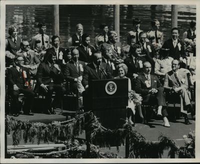 President Nixon addresses a gathering at the opening of Expo ’74 in May 1974 in Spokane. The First Lady can be seen to the right. (The Spokesman-Review)