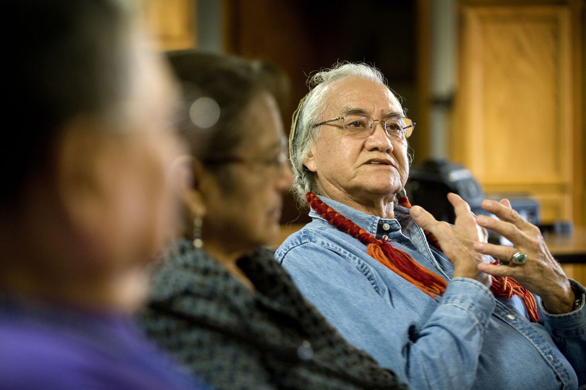 Johnny Arlee, a Confederated Salish Kootenai Tribe member, chats with other Salish-speaking elders at the Kalispel Language Center, where new Salish speakers are immersed in daily conversations with elders before bringing what they have learned into the Cusick public schools. (Colin Mulvany / The Spokesman-Review)