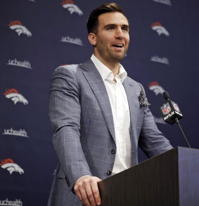 Denver Broncos new quarterback Joe Flacco talks to reporters during a news conference at the NFL football team’s headquarters Friday, March 15, 2019, in Englewood, Colo. (David Zalubowski / Associated Press)